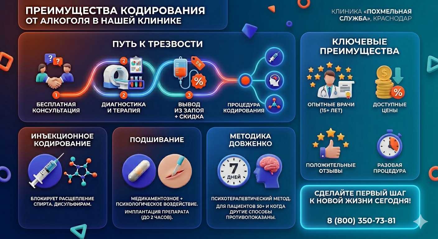 Инфографика о методах кодирования от алкоголя в Красном Куте: инъекции, подшивание, метод Довженко. Преимущества клиники и этапы лечения.
