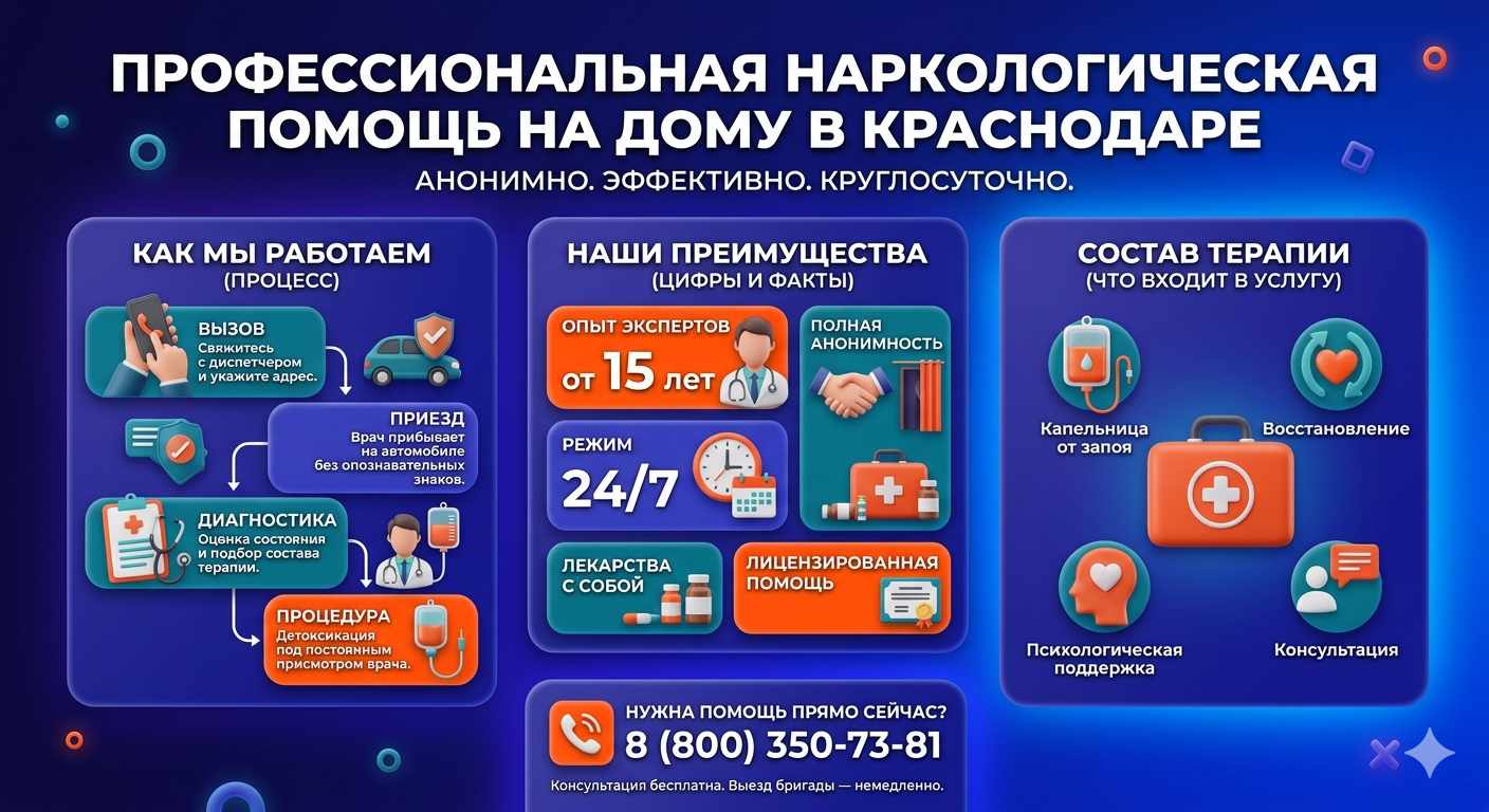 Инфографика о принципах лечения алкоголизма на дому в Красном Куте: этапы вызова нарколога, преимущества анонимной детоксикации и состав медицинской помощи.
